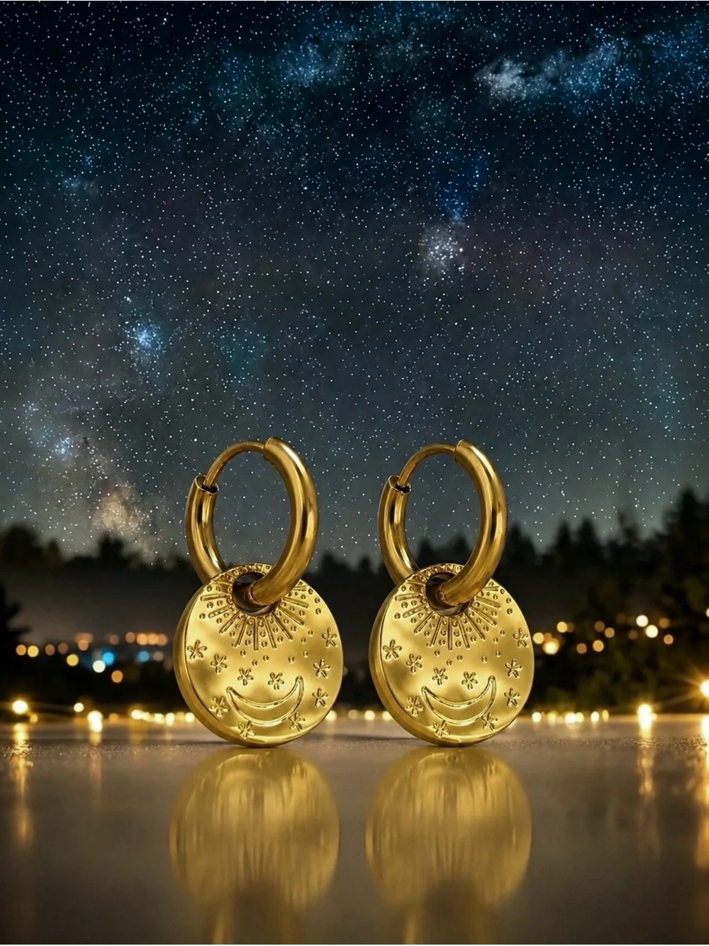 “Exist by the Sun, Love by the Moon” Celestial Engraved Dots Gold Stainless Hoop